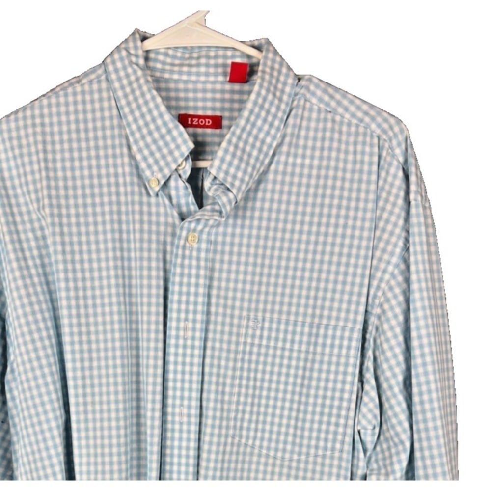 IZOD Button Down Shirt Mens Large L Light Blue White Gingham Checked Long Sleeve